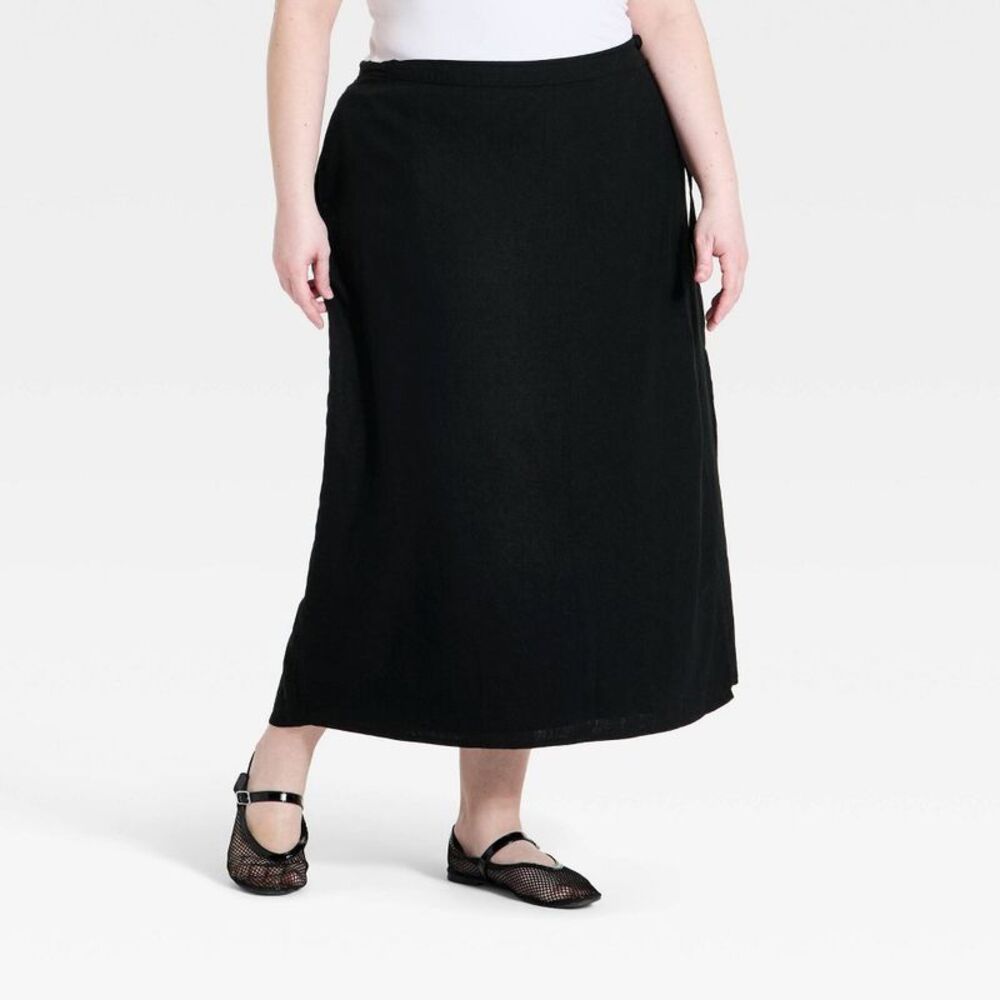 Women's Linen Midi Wrap Skirt - A New Day Black XL